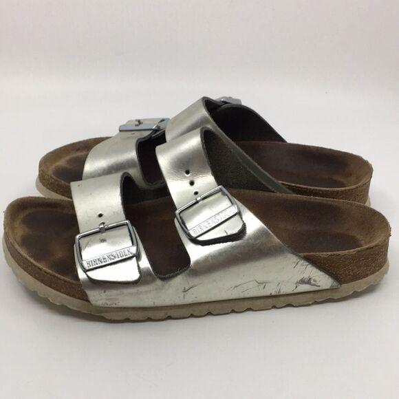 Birkenstock Arizona Birko-Flor Metallic Champagne Light Gold Soft Footbed EU 38 - Picture 7 of 16